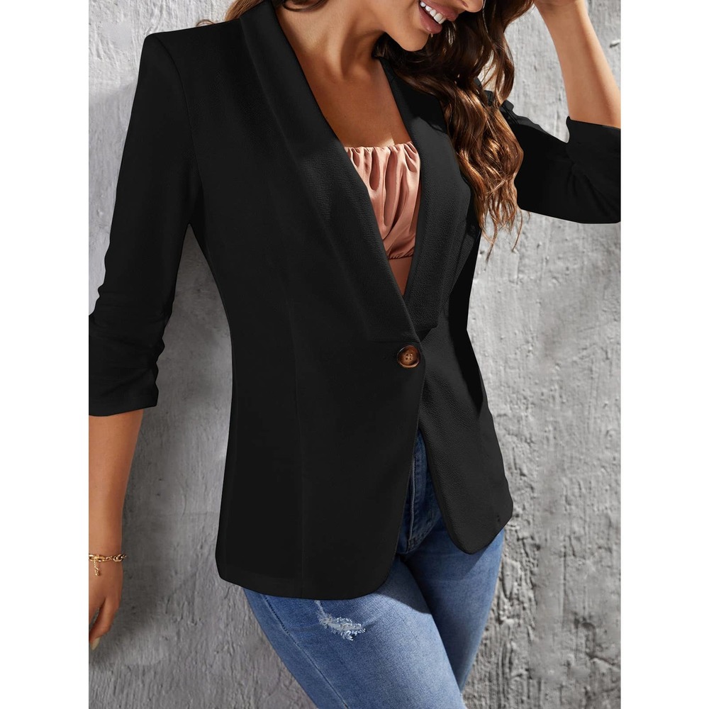 minimalist Shawl Collar Single Button Ruched Cuff Blazer jacket black - Picture 3 of 11